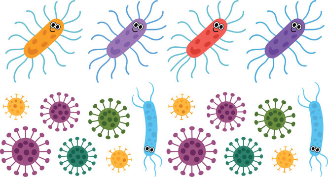 Colorful cartoon microorganisms and bacteria with many legs and spikes against a white background for educational purposes