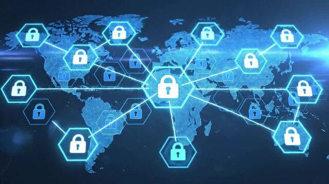 Global cybersecurity network animation with digital locks and world map, data protection and secure communication concept, encrypted connections and online privacy technology video