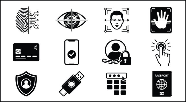Advanced Biometric and Identity Verification Icon Set Featuring Fingerprint, Face Recognition, Mobile Authentication, Security Keys, and Passport Protection for Websites, Apps, and Digital Media
