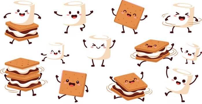 Adorable flat vector illustration set of kawaii s'mores characters featuring happy marshmallows and graham crackers isolated on a white background for design.