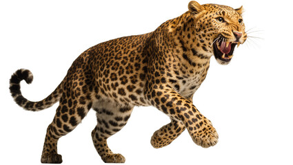 Fierce roaring leopard with spotted fur and curled tail © Maria