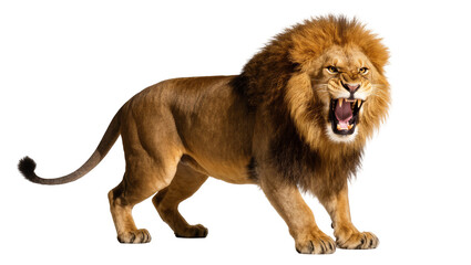 Fierce male lion roaring with open mouth and thick mane © Maria