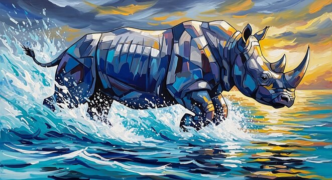 Abstract illustration of a rhinoceros running through water with colorful artistic style