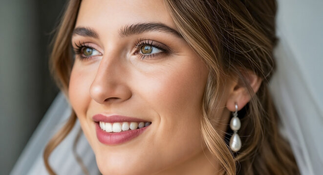 Close-up portrait of a smiling bride on her wedding day. Elegant woman wearing a veil and pearl drop earrings. Happy female face with natural makeup