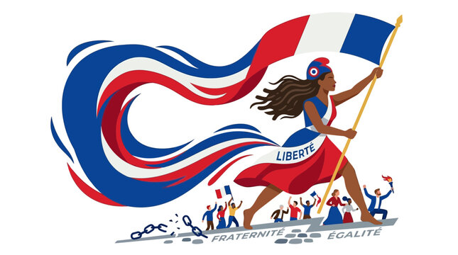 Illustrative depiction of Bastille Day celebration with diverse group of people holding French flag and symbols of liberty and equality