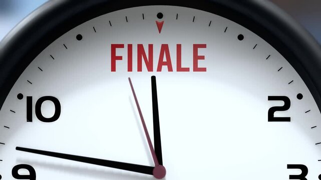 Finale that is going to happen soon. Upcoming finale, approaching in the near future. Finale almost here, in a short time - a clock symbolizes a reminder that finale is near.
