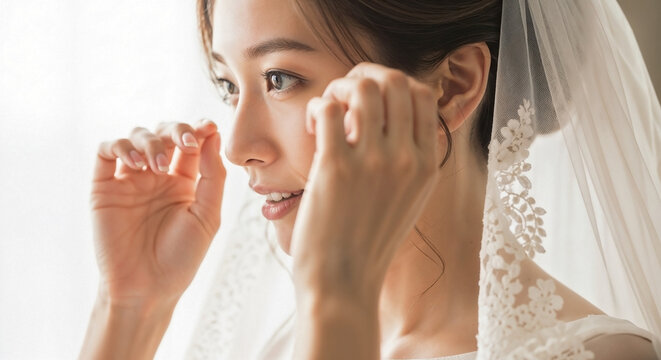 Young Asian bride adjusting her wedding veil or earring. Elegant woman in a white lace dress preparing for her special day. Bridal preparation and anticipation