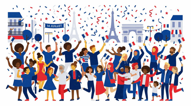Vibrant flat vector illustration celebrating Bastille Day with a joyful diverse crowd waving French flags in Paris, featuring iconic landmarks and confetti