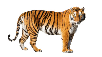 Obraz premium Orange striped tiger standing full body profile view