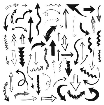 Set of grunge brush-style curved and looped arrows. Ideal for highlights, creative notes, social media, infographics and presentations