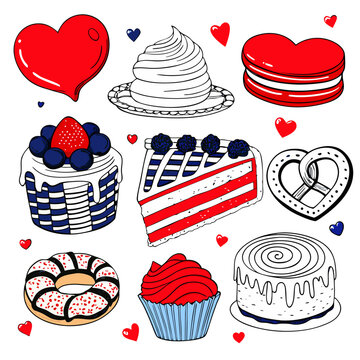 Set of hand drawn sketch of chocolate brownies cake and cupcakes dessert illustration
