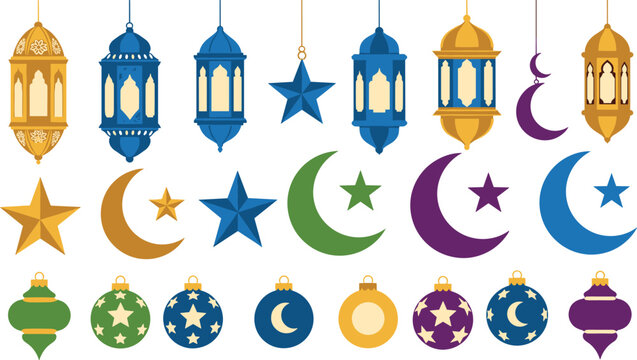 colorful ramadan lanterns crescent moons and stars vector illustration on white background high quality professional detailed modern elegant stylish clean crisp vibrant digital
