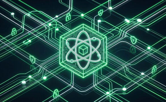Glowing neon green quantum atom core and padlock security icons on circuit board