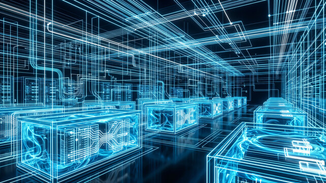 Futuristic glowing neon blue wireframe data center server room architecture