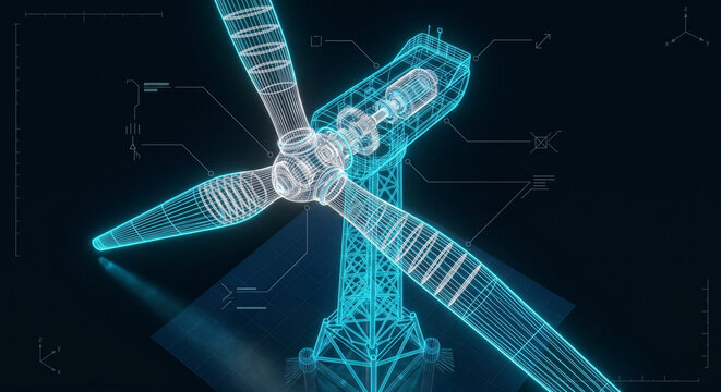 Futuristic glowing neon blue wireframe wind turbine blueprint