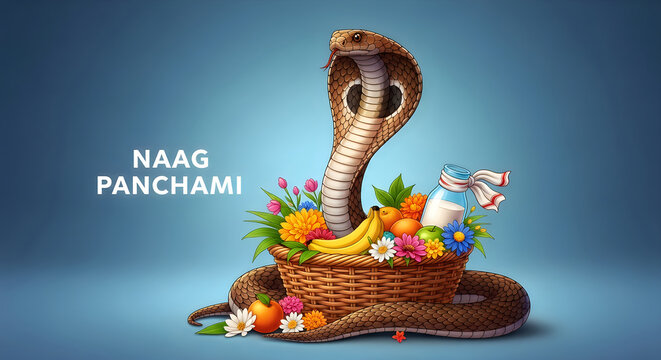 Naag Panchami Festival: Cobra Snake Basket Offering with Fruits, Flowers, and Milk on Blue Gradient Background