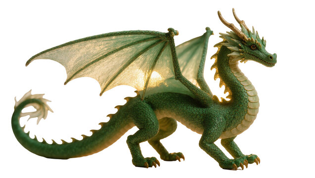 Green mythical dragon with silver wings and curled tail