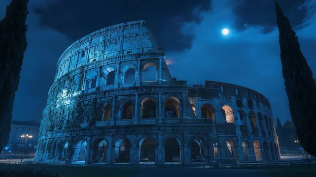 Ancient Roman Colosseum illuminated at night with blue moonlight, cypress trees and dramatic historic architecture in Rome travel scene