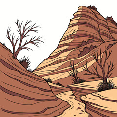 sandstone hills landscape illustration with winding path and sparse desert vegetation warm tones high quality professional detailed © Miasahin