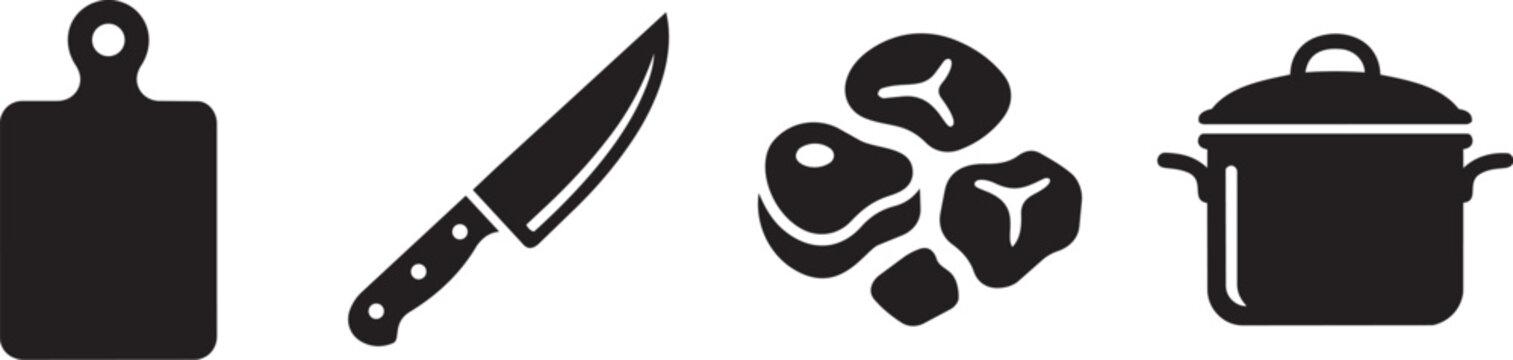 Eid ul Adha Kitchen Icon Set Cutting Board Knife Steak Meat Pot Black Silhouette Vector Icons eid ul adha icons, bakra eid icons, qurbani concept icons, meat preparation icons, kitchen icon set, cooki