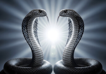 Fototapeta premium Two Cobra Snakes Facing Each Other with Fangs Out, Dramatic Lighting and Rays