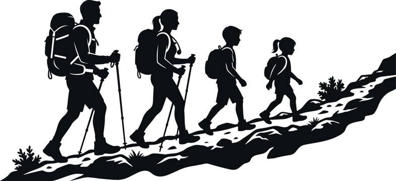 family hiking silhouette with backpacks on a mountain trail high quality professional detailed modern elegant stylish clean crisp vibrant colorful digital