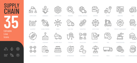 Supply Chain Line Editable Icons set. Vector illustration in a modern thin line style of business related icons: logistics, product retail, transportation, and more. Isolated on transparent background © Vectuz