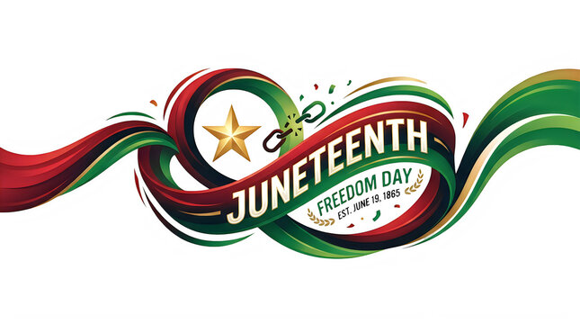 Juneteenth celebration graphic with ribbon and star on black background