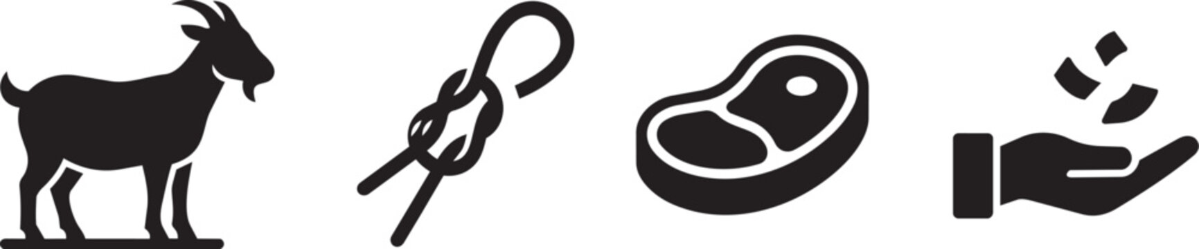 Eid Ul Adha Icon Set Goat Rope Knot Steak Hand Sparkles Minimal Monochrome Vector Icons eid ul adha icons, bakra eid icon set, goat icon vector, sacrificial goat silhouette, qurbani goat icon, rope kn