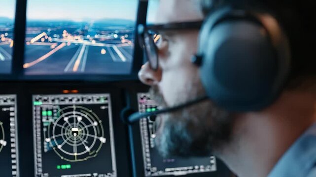 An air traffic controller carefully watches multiple screens as flights land and take off. The controller remains focused during a busy time in the control tower