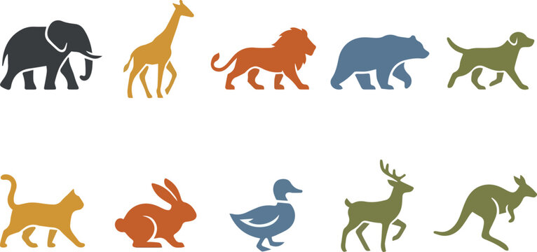 Collection of colorful animal silhouettes featuring elephant giraffe lion bear dog cat rabbit duck deer and kangaroo for kids education or branding.