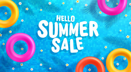 Summer Sale poster and banner template with Colorful Float on water in the tiled pool Background. Sale banner Design for Summer in flat lay styling. Promotion and shopping template for Summer and pool © PixaFlow