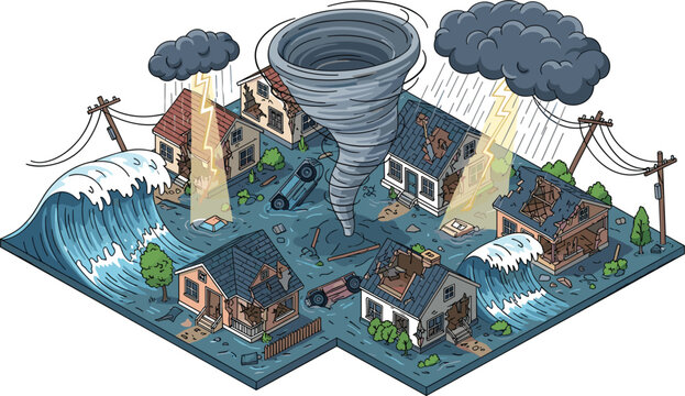 Detailed isometric vector illustration of a residential neighborhood devastated by simultaneous natural disasters including a tornado flood tsunami lightning and heavy rain.