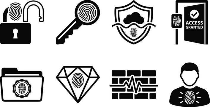 Biometric Security and Access Control Icon Set Featuring Fingerprint, Lock, Key, Shield, Cloud, and Data Protection for Websites, Apps, and Digital Media