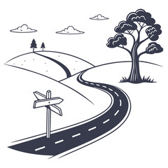 vector illustration of a winding road with a signpost and landscape background high quality professional detailed modern © sabrina1122