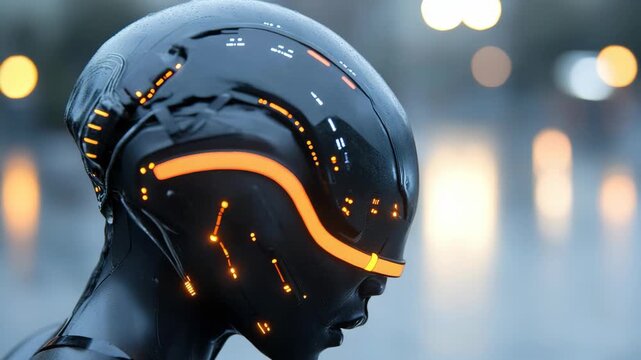 A robot design stands in an urban area during sunset. Bright lights reflect off nearby surfaces. The robot has glowing features that stand out against the evening sky