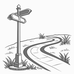 Detailed vector illustration of a crossroads signpost with winding paths and grassy landscape high quality professional detailed © sabrina1122