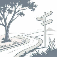Road signpost with multiple direction arrows scenic landscape vector illustration in grayscale high quality professional detailed modern © sabrina1122