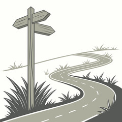forked road signpost illustration with winding pathways and grassy landscape in neutral tones high quality professional detailed © sabrina1122