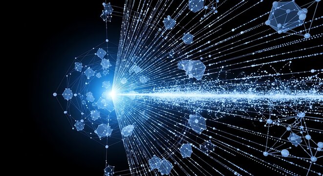 Abstract digital data stream network graphic with light burst effect