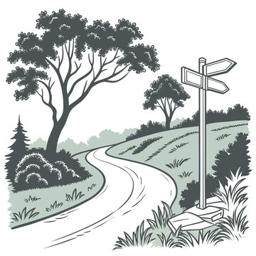 Vector illustration of a split road landscape with trees grass and a directional signpost high quality professional