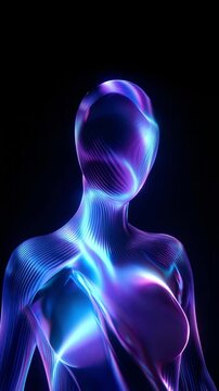 Glowing translucent female figure turning as flowing neon light lines ripple across the body on black background
