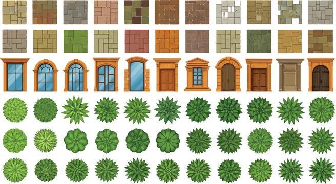 Flat pack building and plant icons set Vector