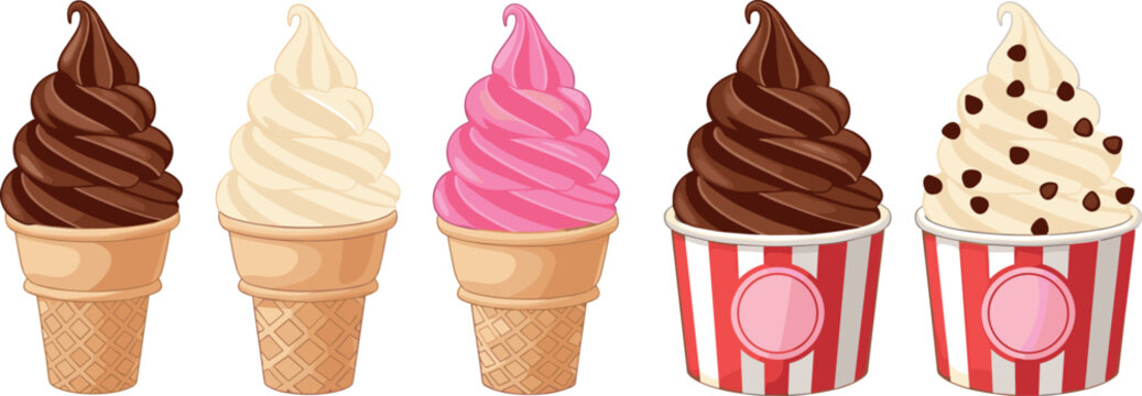 Soft Serve Ice Cream Cones and Cups in Chocolate, Vanilla, and Strawberry Flavors for Sweet Dessert Designs