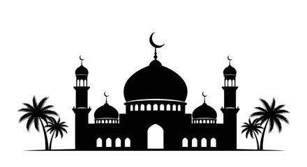 Eid Ul Adha Black mosque silhouette, Islamic architecture, crescent moon, palm trees, vector illustration vector © MstRahela