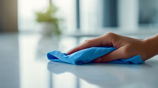 Person cleaning wooden table with colorful cloths and gloves, home hygiene and housekeeping concept.