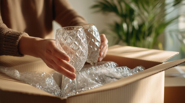 Hands unpacking fragile glassware wrapped in bubble wrap from cardboard box, moving or delivery concept.