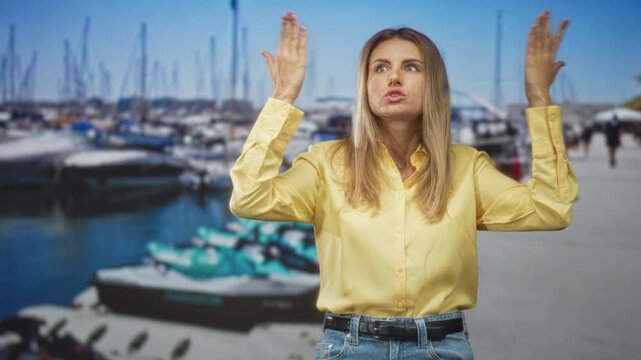 Woman with hands to temples and pursed lips at marina pier with docked boats and watercraft; frustration confusion.