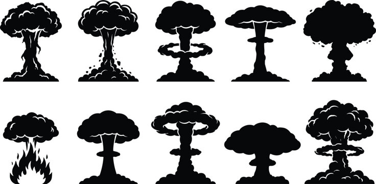 Explosion and Mushroom Cloud Icons Set Featuring Various Nuclear Blast and Fireball Illustrations for Impact and Destruction Concepts
