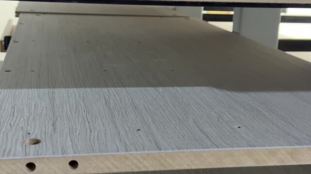 A refined furniture part with a grey wood grain finish, displaying a clean edge and a functional hole for screws or connectors. Suitable for use in construction and design projects.